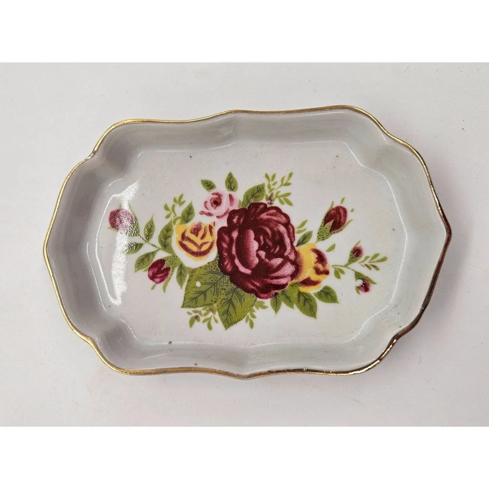 Vintage Porcelain Rose Collectible Trinket Dish Scalloped Gold Rim Floral Tray